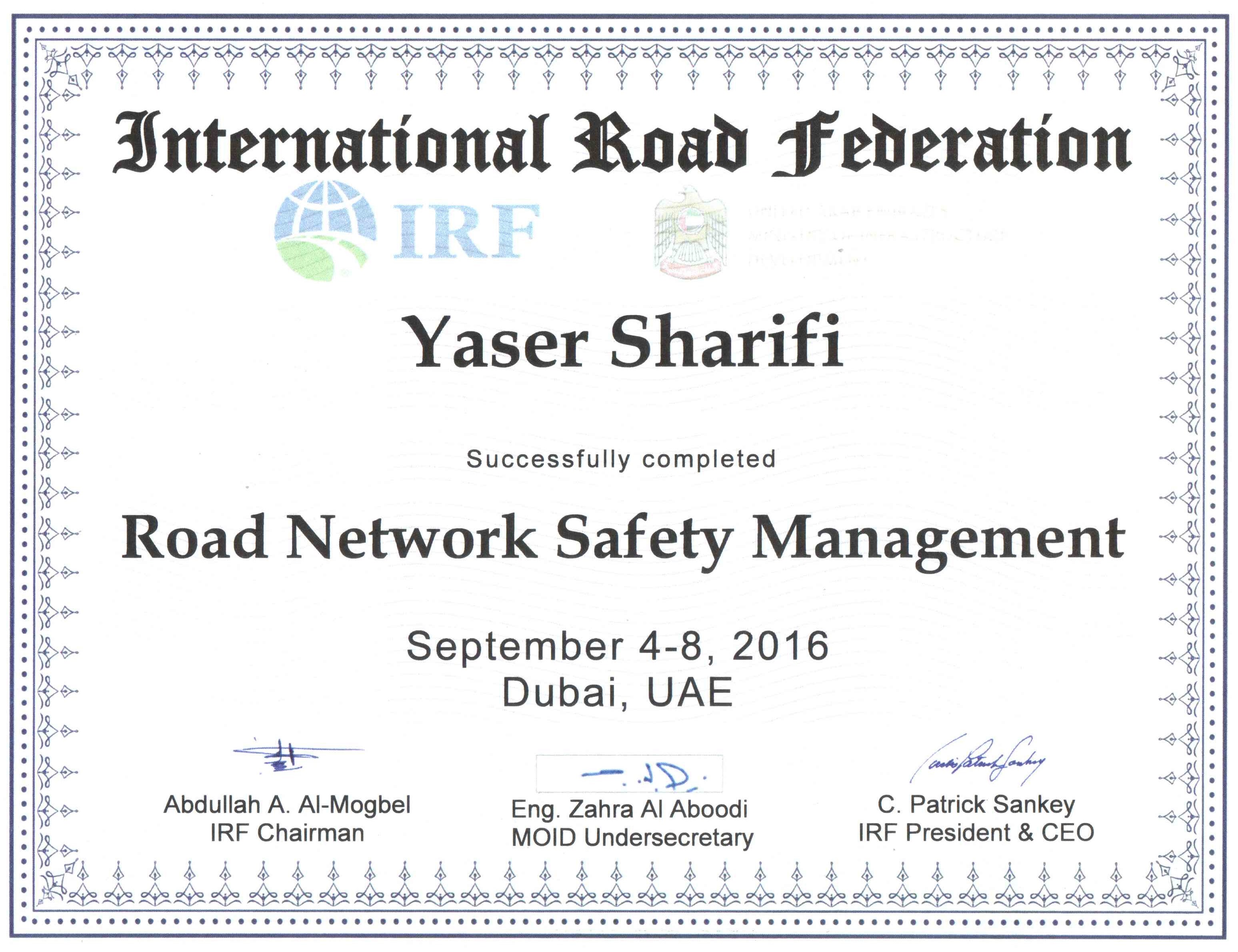 Certificate of International Road Federation(IRF) 